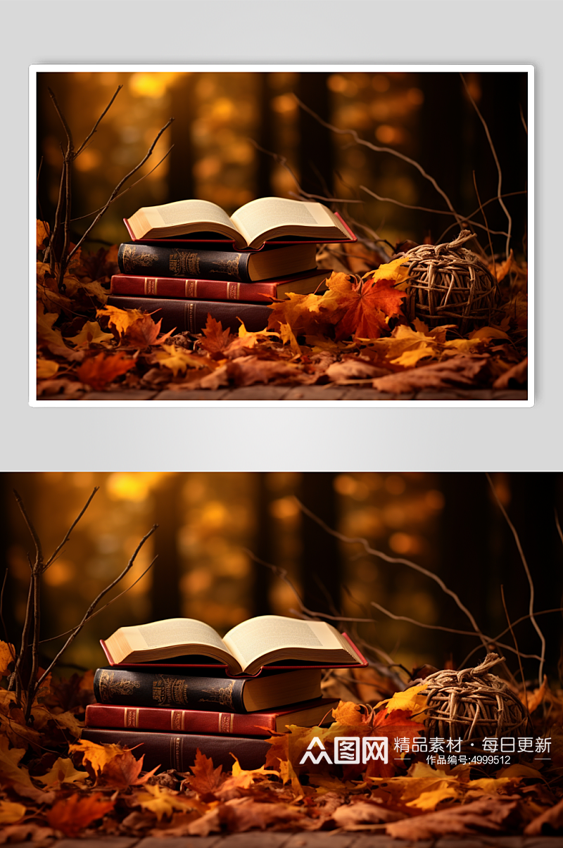 AI数字艺术唯美秋季落叶在书籍上摄影图片素材