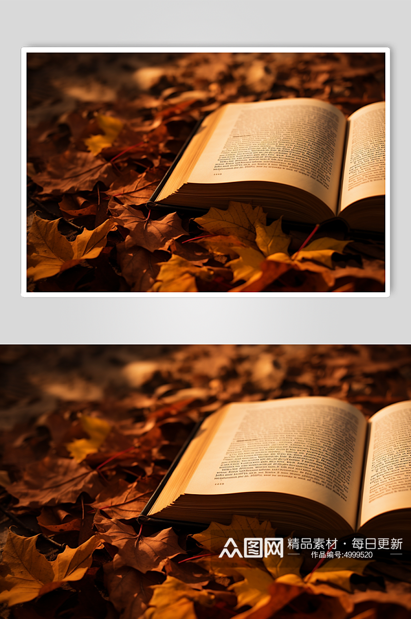 AI数字艺术唯美秋季落叶在书籍上摄影图片素材
