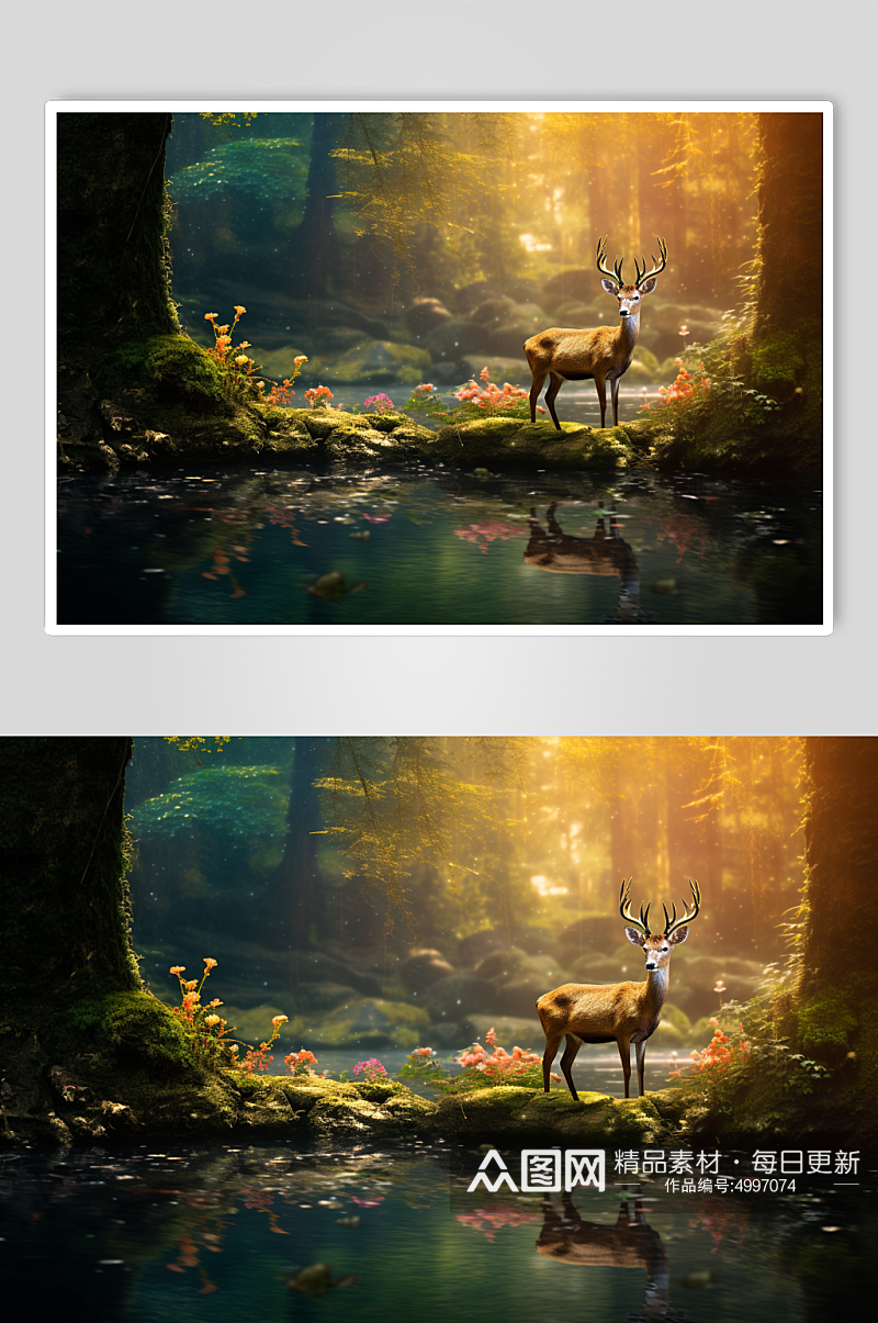 AI数字艺术梅花鹿秋景中的动物摄影图片素材