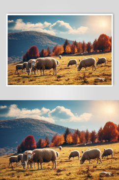 AI数字艺术小羊秋景中的动物摄影图片