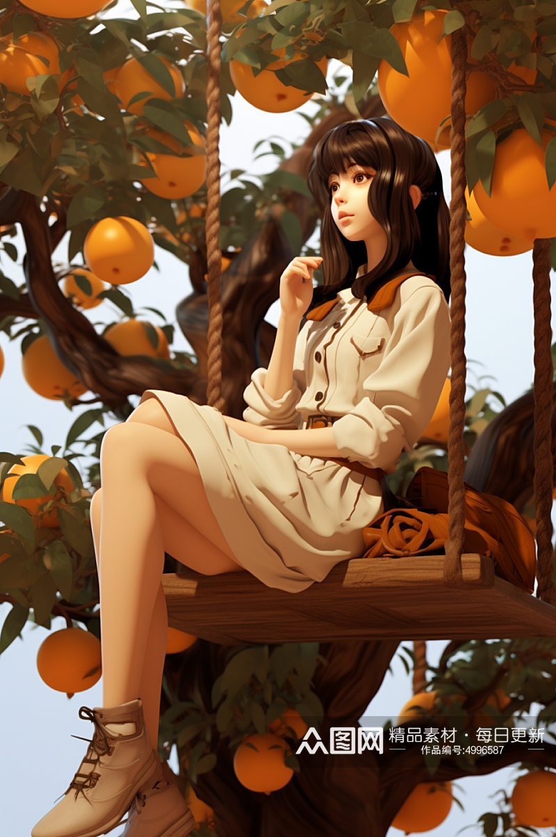 AI数字艺术手绘秋季女生坐在果树上插画素材