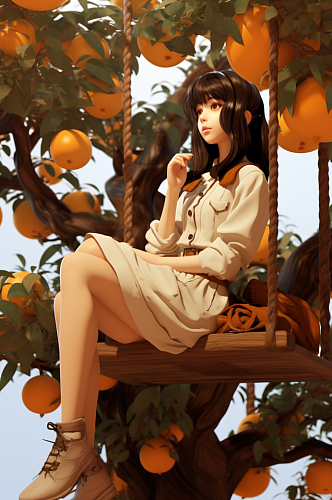AI数字艺术手绘秋季女生坐在果树上插画