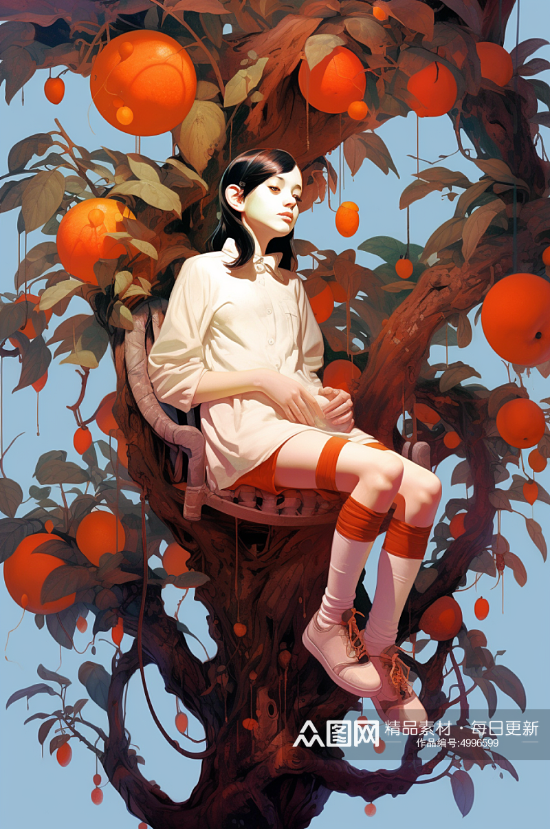 AI数字艺术手绘秋季女生坐在果树上插画素材
