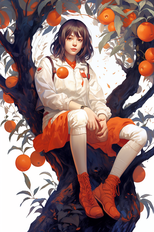 AI数字艺术手绘秋季女生坐在果树上插画