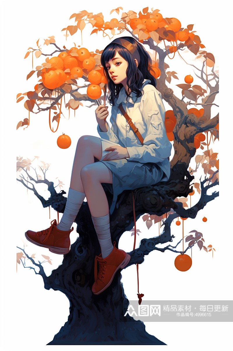 AI数字艺术卡通秋季女生坐在果树上插画素材