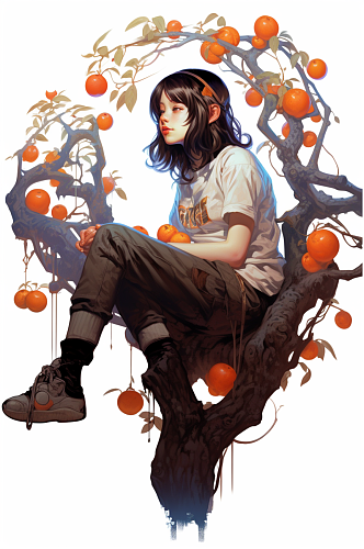 AI数字艺术卡通秋季女生坐在果树上插画