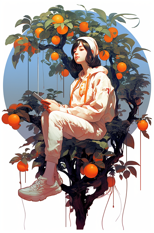 AI数字艺术卡通秋季女生坐在果树上插画