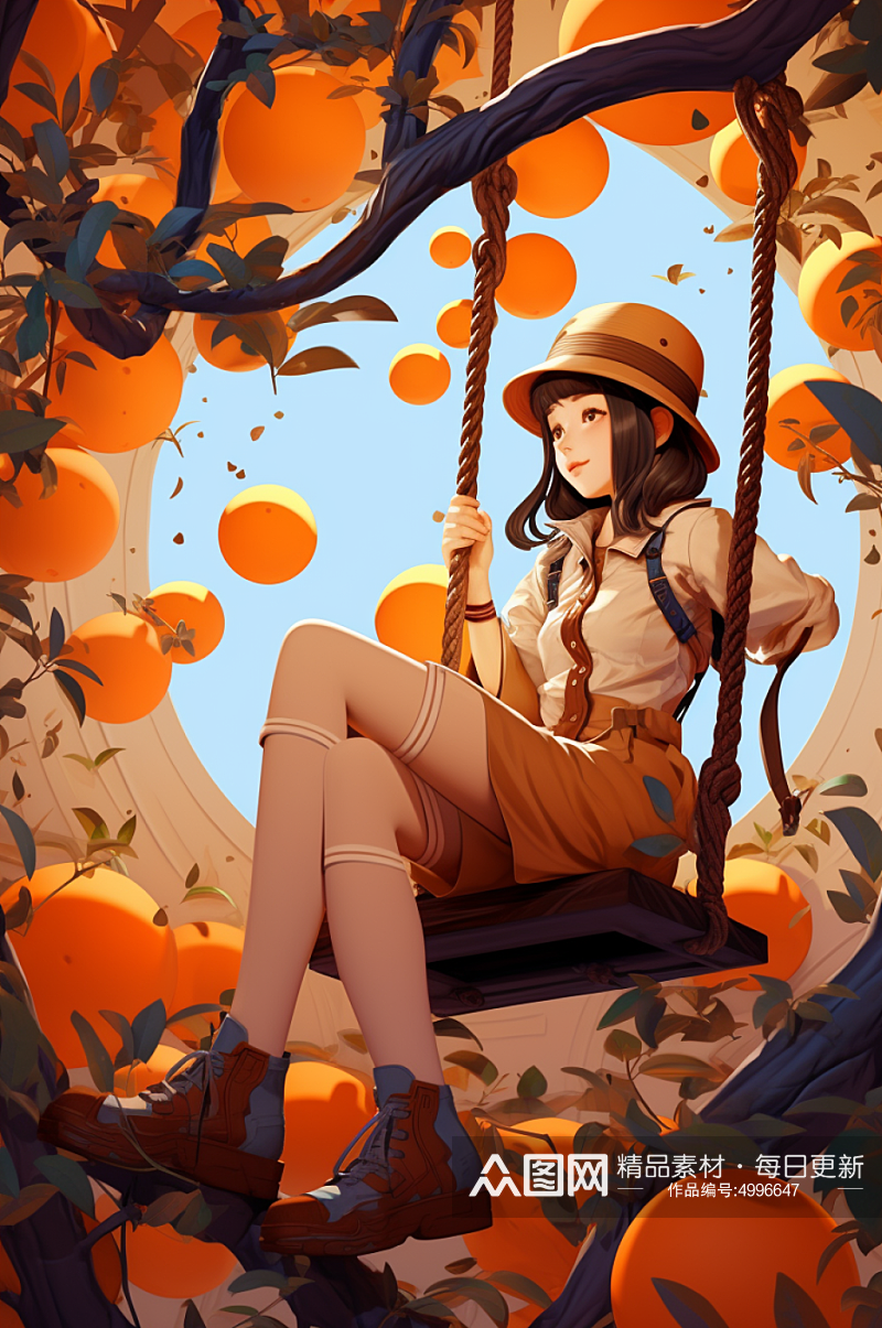 AI数字艺术原创秋季女生坐在果树上插画素材