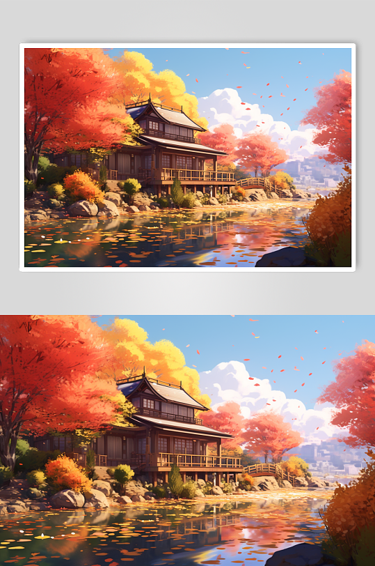 AI数字艺术手绘房子秋天秋季唯美风景插画
