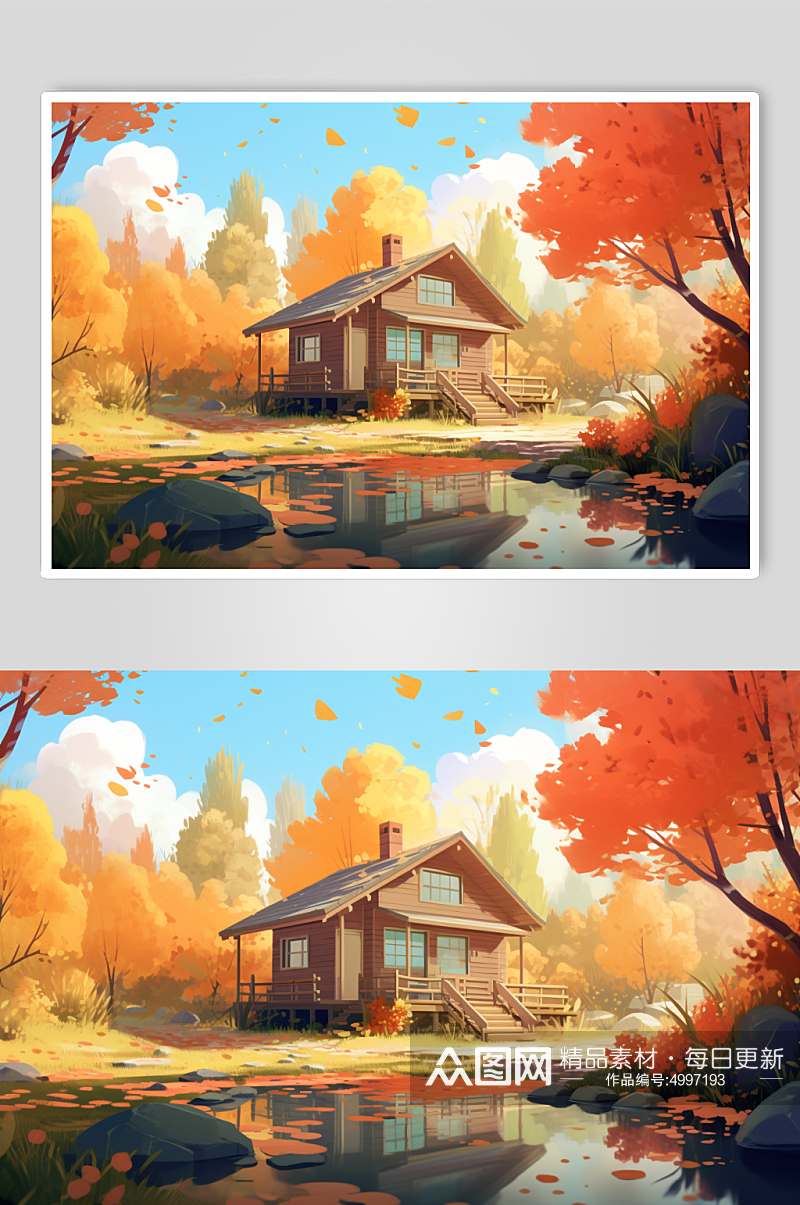 AI数字艺术手绘房子秋天秋季唯美风景插画素材