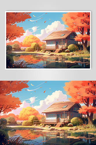 AI数字艺术手绘房子秋天秋季唯美风景插画