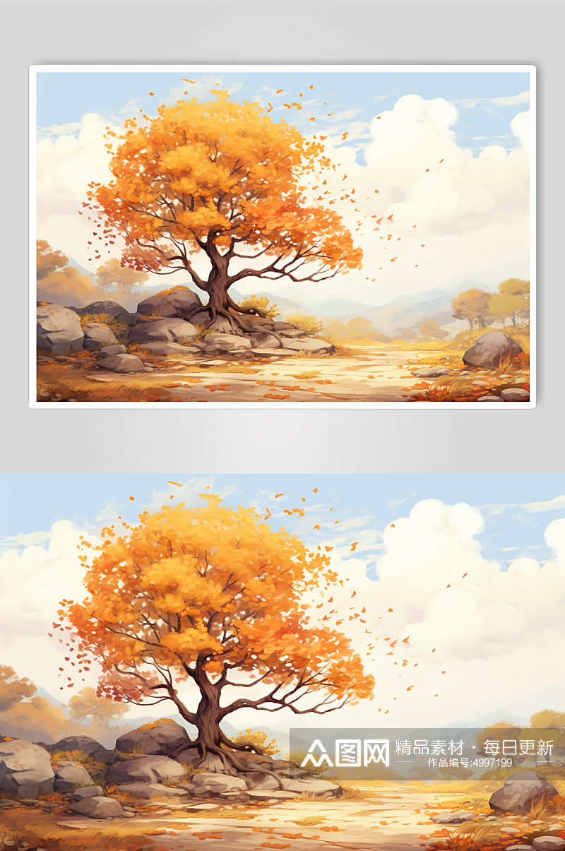AI数字艺术手绘枫树秋天秋季唯美风景插画素材