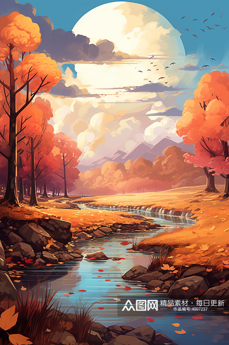 AI数字艺术小溪日落秋天秋季唯美风景插画素材