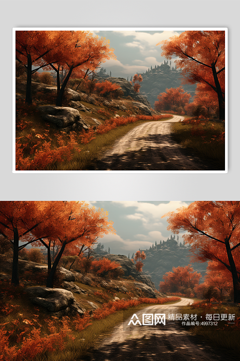 AI数字艺术公路秋天秋季自然风景摄影图片素材