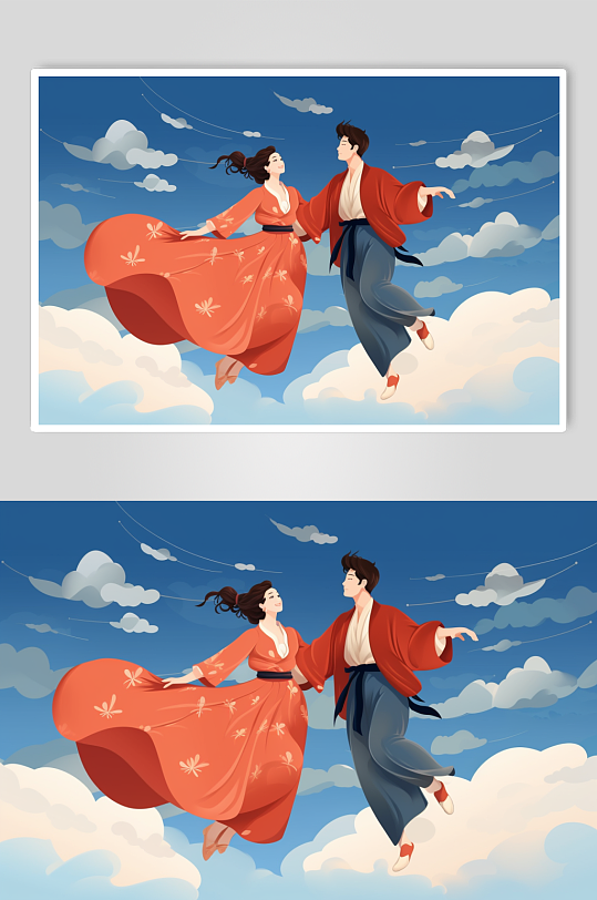 AI數(shù)字藝術(shù)國風漢服情侶七夕牛郎織女插畫