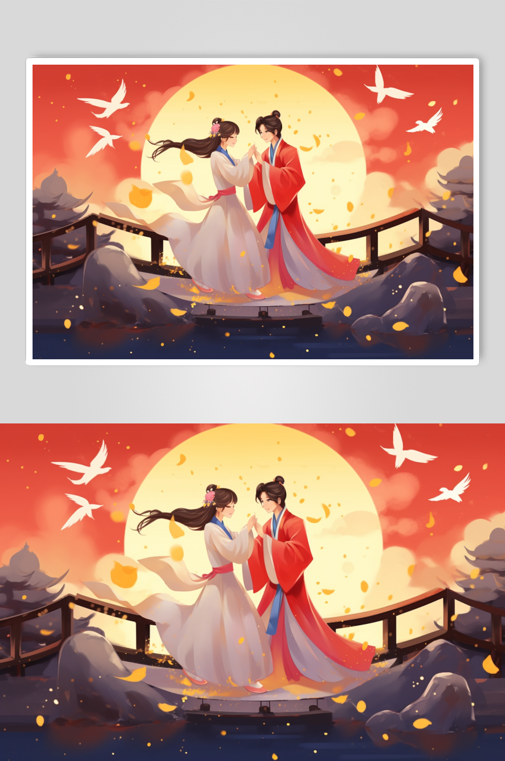 AI数字艺术国风汉服情侣七夕牛郎织女插画素材