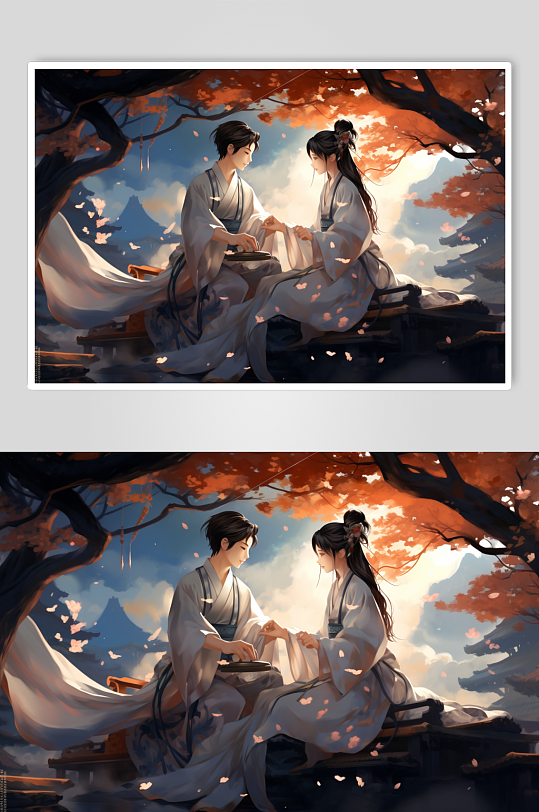 AI數(shù)字藝術(shù)國風漢服情侶七夕牛郎織女插畫