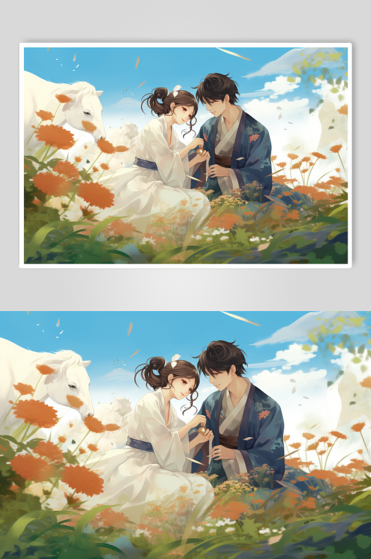 AI數(shù)字藝術(shù)國風漢服情侶七夕牛郎織女插畫