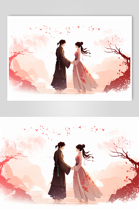 AI數(shù)字藝術(shù)國風漢服情侶七夕牛郎織女插畫