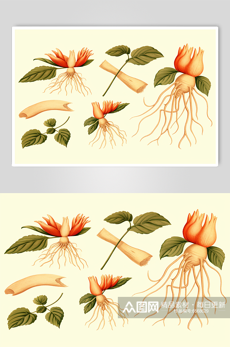 AI数字艺术人参中草药药材插画素材