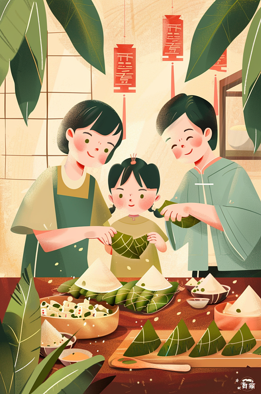 AI數(shù)字藝術(shù)端午節(jié)包粽子人物插畫