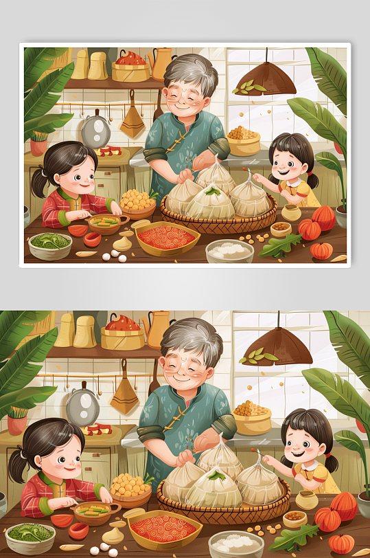 AI数字艺术端午节包粽子人物插画-众图网