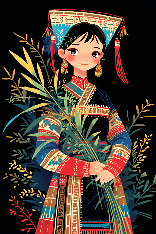 AI數(shù)字藝術(shù)扁平化少數(shù)民族民族風(fēng)東方人物插畫