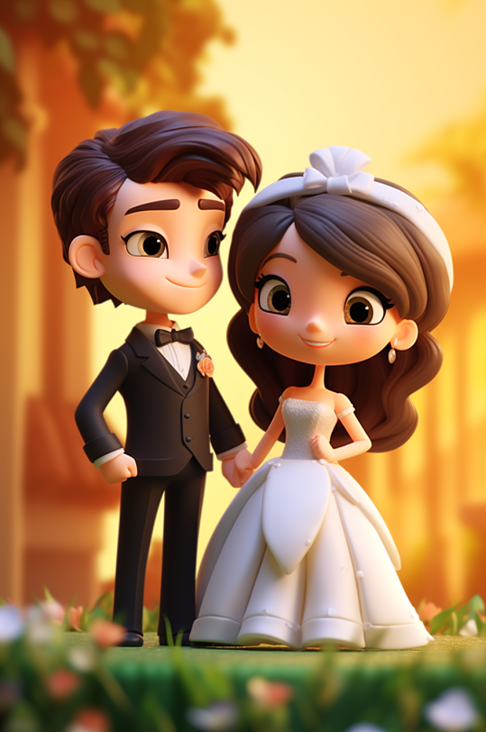 AI数字艺术手绘Q版盲盒风人物婚礼插画-众图网