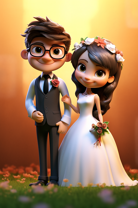 AI数字艺术手绘Q版盲盒风人物婚礼插画-众图网