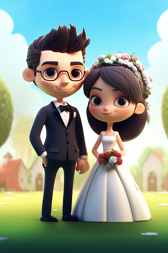 AI数字艺术手绘Q版盲盒风人物婚礼插画-众图网
