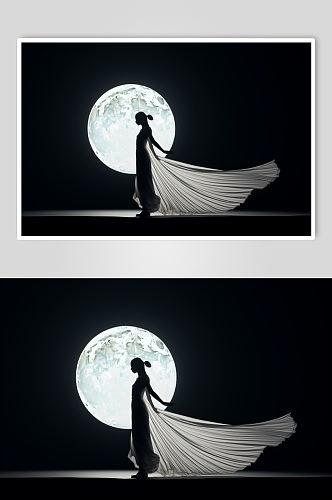 AI数字中秋节月亮人物剪影摄影图