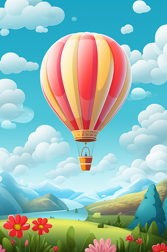 AI数字艺术卡通热气球风景插画背景图