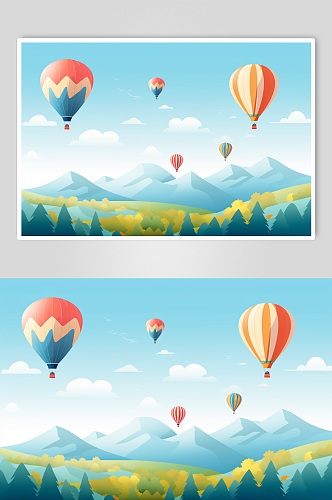 AI数字艺术卡通热气球风景插画背景图