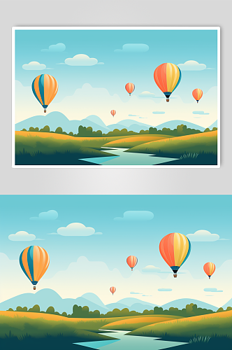 AI数字艺术卡通热气球风景插画背景图