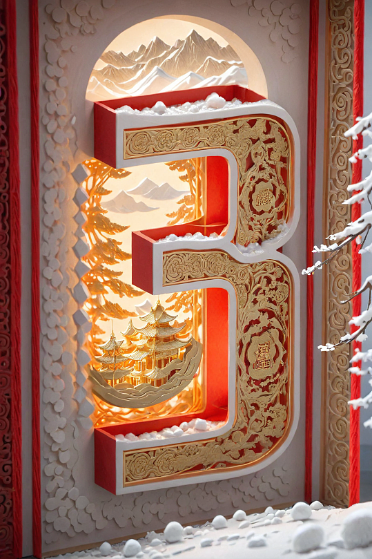 AI數(shù)字藝術(shù)國(guó)風(fēng)數(shù)字3倒計(jì)時(shí)模型