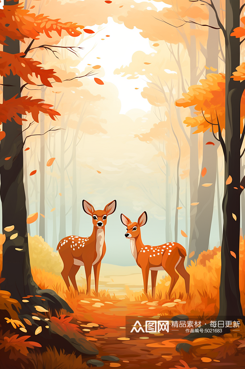 AI数字艺术卡通秋天秋季森林动物插画素材