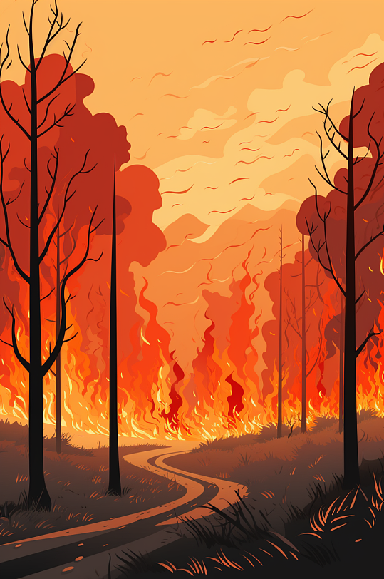 AI数字艺术扁平风自然灾害森林火灾插画