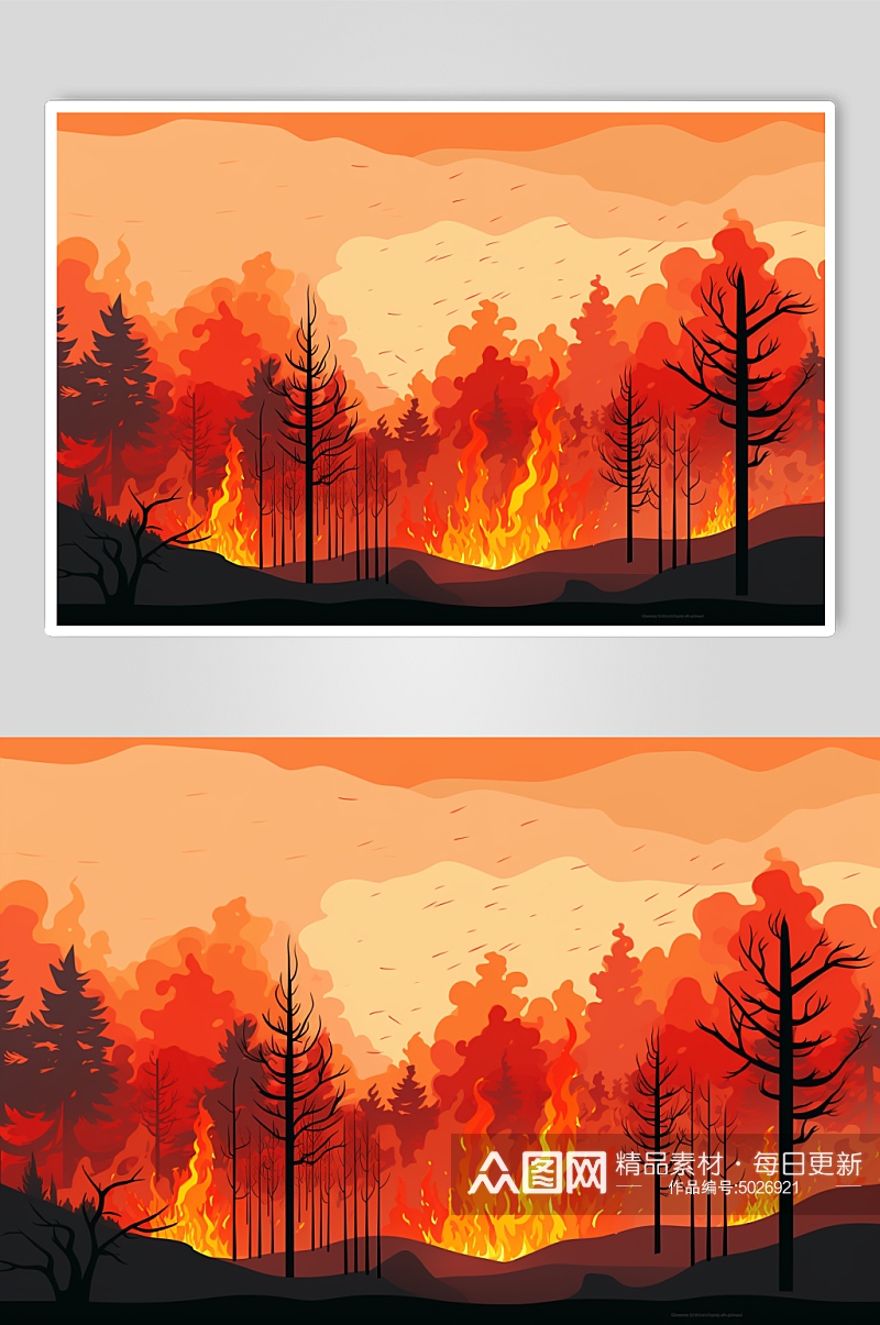 AI数字艺术扁平风自然灾害森林火灾插画素材