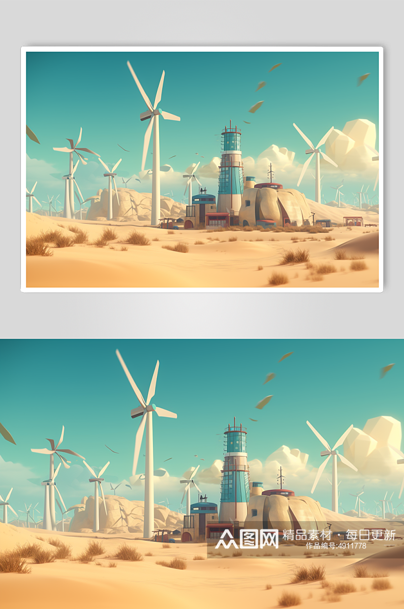 AI数字艺术高清沙漠风力发电机摄影图片素材