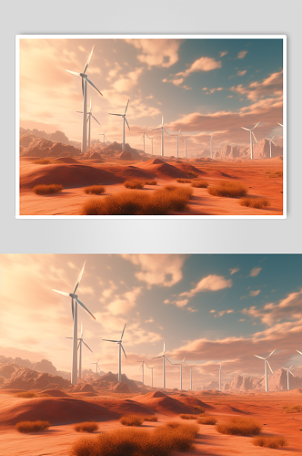 AI数字艺术高清沙漠风力发电机摄影图片