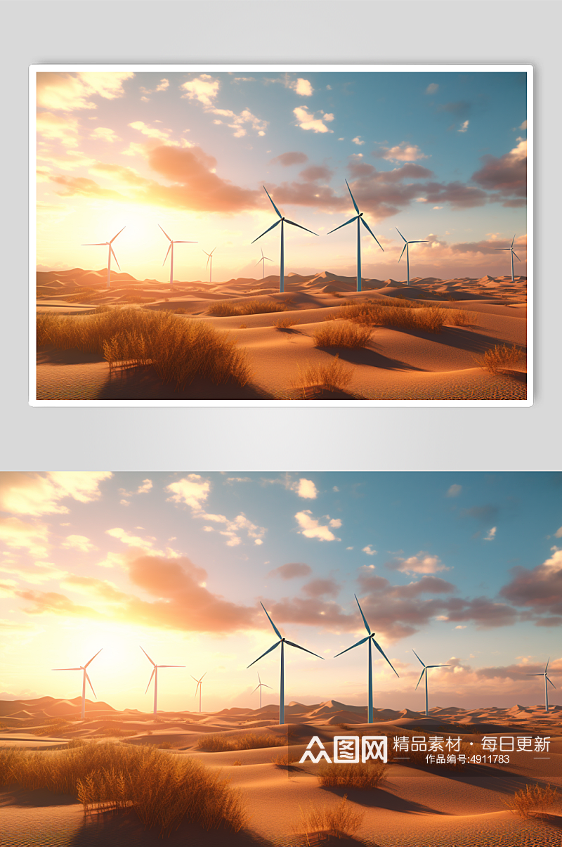 AI数字艺术卡通沙漠风力发电机摄影图片素材