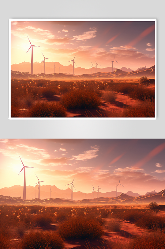 AI数字艺术卡通沙漠风力发电机摄影图片