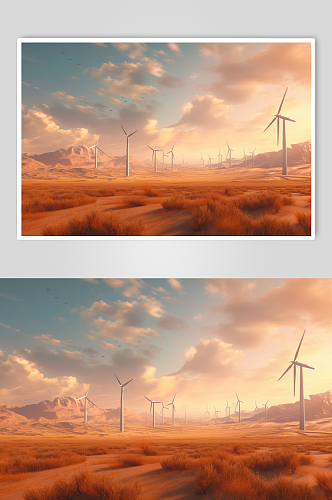 AI数字艺术卡通沙漠风力发电机摄影图片
