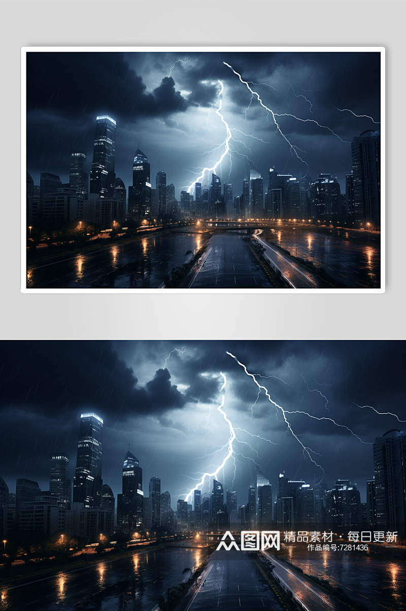 AI数字艺术城市暴雨闪电天气摄影图素材