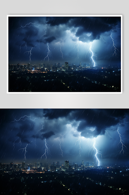 AI数字艺术城市暴雨闪电天气摄影图