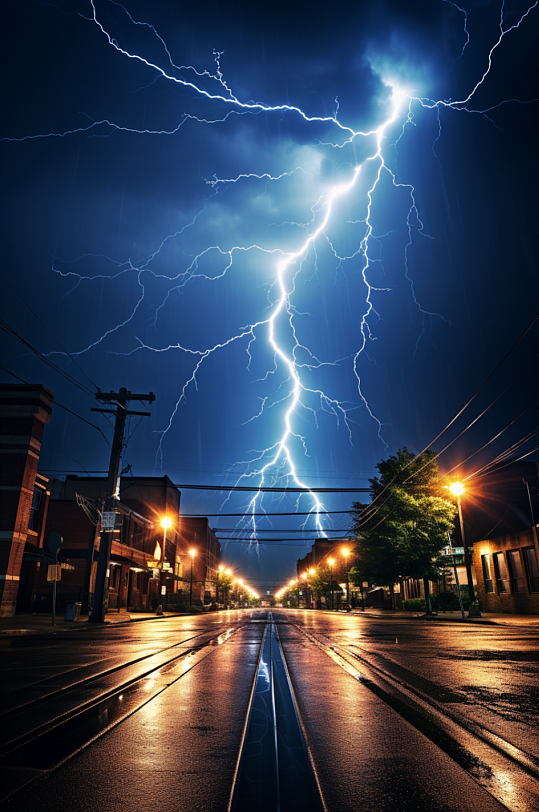 AI数字艺术城市暴雨闪电天气摄影图