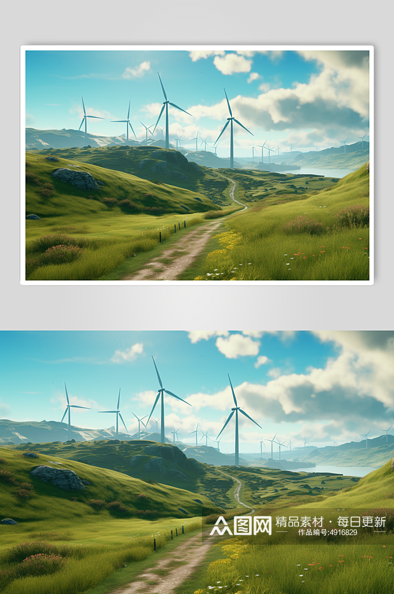 AI数字艺术创意山顶风力发电机摄影图片素材