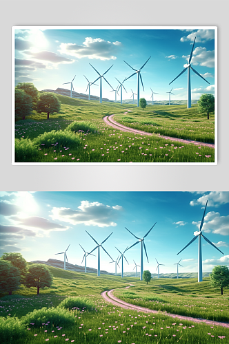 AI数字艺术蓝天白云山顶风力发电机摄影图片