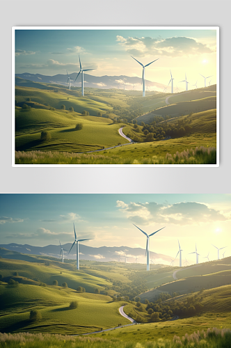 AI数字艺术卡通山顶风力发电机摄影图片