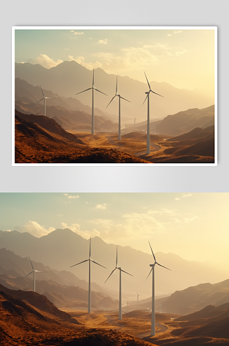 AI数字艺术手绘山顶风力发电机摄影图片